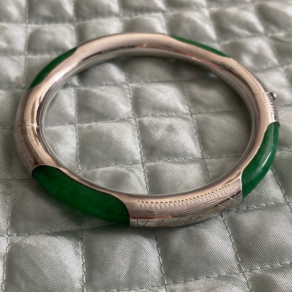 Green jade and sterling silver bangle bracelet